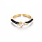 Brass Enamel Cuff Rings, Open Rings, Solitaire Rings, with Clear Cubic Zirconia, Nickel Free, Rhombus, Golden, Black, US Size 7(17.3mm)