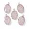 Natural Rose Quartz Oval Pendants, Platinum Plated Brass Oval Charms with Flower, 22~22.5x13~13.5x4.5mm, Hole: 1.6~1.8mm