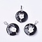Natural Dyed & Heated Black Agate Pendants, with Shell, Rhinestone and Platinum Tone Brass Findings, Flat Round with Flower, 35.5~36x28x8mm, Hole: 5x8mm