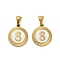 304 Stainless Steel Pendants, with Pave Shell, Flat Round Charm, Ion Plating(IP), Real 18K Gold Plated, Number, 17.5x15x2mm, Hole: 5.5x2.5mm