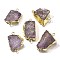 Raw Rough Natural Dyed Quartz Crystal Links Connector Charms, with Brass Findings, Nuggets, Light Gold, Medium Purple, 30.5~37.5x15~25x7.5~13mm, Hole: 2.5mm