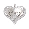 Brass Rhinestone Pendants, Filigree Charms, Platinum, Heart, 44.5x43.5x5mm, Hole: 6x3mm