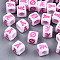 Opaque White Acrylic Beads, Horizontal Hole, Cube with Hot Pink Random Denmark Alphabet Letter, Hot Pink, 6x6x6mm, Hole: 3.5mm, about 3600pcs/500g