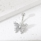 Brass Pave Clear Cubic Zirconia Curved Barbell Butterfly Belly Rings, Platinum, 28x19x7mm, Pin: 1.8mm, Head: 5mm