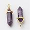 Natural Amethyst Pointed Pendants, with Random Alloy Pendant Hexagon Bead Cap Bails, Golden, Bullet, 37~40x12.5x10mm, Hole: 3x4.5mm