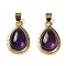 Natural Amethyst Pendants, Teardrop Charms with Rack Plating Brass Findings, Cadmium Free & Lead Free, 23x14.5x6mm, Hole: 4x6mm