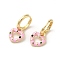 Heart Real 18K Gold Plated Brass Dangle Hoop Earrings, with Cubic Zirconia and Enamel, Pearl Pink, 21.5x11.5mm