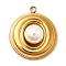 304 Stainless Steel Pendants, with ABS Imitation Pearl, Ion Plating(IP), Flat Round Charm, Real 18K Gold Plated, 22.5x19.5x9mm, Hole: 2mm
