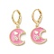 Moon & Star Real 18K Gold Plated Brass Dangle Leverback Earrings, with Enamel and Cubic Zirconia, Pearl Pink, 28x13mm
