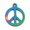 Ion Plating(IP) 201 Stainless Steel Pendants, Flat Round with Peace Symbol, Rainbow Color, 14x11.5x1mm, Hole: 1mm