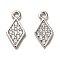 Rhodium Plated 925 Sterling Silver Pendant, with Cubic Zirconia, Rhombus Charms, with 925 Stamp, Real Platinum Plated, 10x5x1.4mm, Hole: 0.8mm