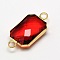 Golden Tone Brass Glass Rectangle Links connectors, Faceted, Orange Red, 22x10x5mm, Hole: 2mm