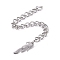 Tarnish Resistant 304 Stainless Steel Chain Extender, Curb Chain, with 202 Stainless Steel Charms, Feather, Stainless Steel Color, 65~69mm, Link: 3.7x3x0.5mm, Feather: 12x4x0.2mm