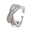 Rack Plating Brass Micro Pave Cubic Zirconia Open Cuff Rings, Criss Cross Rings for Women, Long-Lasting Plated, Cadmium Free & Lead Free, Platinum, 11.5mm, Adjustable