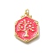 Barss Pendants, with Enamel, Jumping Ring, Hexagon with Tree, Lead Free & Cadmium Free, Golden, Hot Pink, 22.5x17.5x2.5mm, Hole: 3mm