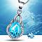 Exquisite Teardrop Brass Cubic Zirconia Pendant, Deep Sky Blue, Silver Color Plated, 20x10mm