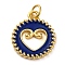 Brass Enamel Pendants, with Jump Ring, Cadmium Free & Lead Free, Real 18K Gold Plated, Flat Round with Heart Charms, Royal Blue, 18.5x15.5x2.5mm, Hole: 3.4mm