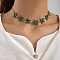 Alloy Emerald Rhinestone Link Chain Necklaces for Women, Golden, Flower, 13.39 inch(34cm)