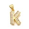 Rack Plating Brass Micro Pave Cubic Zirconia Pendants, Long-Lasting Plated, Lead Free & Cadmium Free,Real 18K Gold Plated, Letter Charms, Letter K, 15.5x10x2mm Hole: 5x3mm