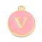 Golden Plated Alloy Enamel Charms, Enamelled Sequins, Flat Round with Alphabet, Letter.V, Pink, 14x12x2mm, Hole: 1.5mm