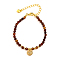 Natural Gemstone Beads Stretch Bracelets, Flat Round with Word Love Charm Bracelets for Women, with Brass Beads, Chocolate, 6-1/4 inch(16cm)