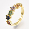 Adjustable Brass Micro Pave Cubic Zirconia Finger Rings, Cadmium Free & Lead Free, Flower, Colorful, Size 7, 17mm
