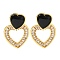 Brass Cubic Zirconia & Black Agate Stud Earrings, Cadmium Free & Lead Free, Heart, Real 18K Gold Plated, 22x15mm