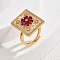 Brass Micro Pave Cubic Zirconia Adjustable Finger Rings for Women, Square with Flower, Golden, Red