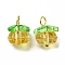 Handmade Lampwork Charms, with Golden Brass Findings, Pumpkin with Leaf Charm, Light Khaki, 13.5~14x12mm, Hole: 2.5~3mm