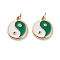 Brass Micro Pave Clear Cubic Zirconia Pendants, with Enamel & Jump Rings, Flat Round with Yin Yang, Real 18K Gold Plated, Green, 15x12.5x2mm, Jump Ring: 5x1mm, 3mm Inner Diameter