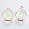 Resin Pendants, with Brass Findings, teardrop, Light Gold, Light Green, 22~23x14.5~15x7~7.5mm, Hole: 1~1.5mm