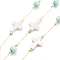 Handmade Round & Cross Natural Shell Beaded Chains, with Natural Ion Plating(IP) 304 Stainless Steel Paperclip Chains, Unwelded, Real 18K Gold Plated, Sky Blue, 2.2x1x0.5mm