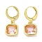 Real 18K Gold Plated Brass Dangle Leverback Earrings, with Square Glass, PeachPuff, 25.5x10.5mm