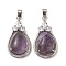Natural Amethyst Pendants, Rack Plating Platinum Tone Brass Teardrop Charms with Crystal Rhinestone, Cadmium Free & Lead Free, 35x19x8mm, Hole: 7.5x4.5mm