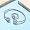Oval Brass Micro Pave Cubic Zirconia Cuff Bangles & Rings Sets for Women, Rack Plating, Platinum, Clear, Bangle: 3~11.5mm wide, 61x52mm Inner Diameter