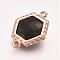 Faceted Glass Links connectors, with Brass Finding, Hexagon, Light Gold, Black, 18x14.5x5mm, Hole: 1mm