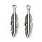 304 Stainless Steel Pendants, Feather Charm, Antique Silver, 21.5x5x1.5mm, Hole: 1.6mm