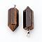 Brass Natural Tiger Eye Pendants, Bullet, Platinum, Pointed Pendant, 33~36x12mm, Hole: 5x7mm