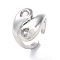 Rack Plating Brass with Clear Cubic Zirconia Open Cuff Rings, Cadmium Free & Lead Free, Teardrop with Heart, Platinum, Inner Diameter: 17mm