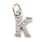 Initial Letter Brass with Cubic Zirconia Charms, Platinum, Long-Lasting Plated, Lead Free & Cadmium Free, Letter K, 10.5x7.5x1.5mm, ring: 5x1mm, inner diameter: 3mm