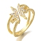 Rack Plating Crown Brass Clear Cubic Zirconia Open Cuff Rings, Cadmium Free & Lead Free, Long-Lasting Plated, for Women, Real 18K Gold Plated, Inner Diameter: 18mm