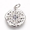 Brass Micro Pave Cubic Zirconia Pendants, Lead Free & Cadmium Free & Nickel Free, Flat Round with Star, Blue, Platinum, 17x15x1.5mm, Hole: 3mm
