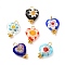 Handmade Lampwork Pendants, Heart, with Flower Pattern and Brass Ball Head pins, Mixed Color, 15x10x4mm, Hole: 1.8~2.2mm