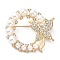 Alloy Brooch, with Plastic Imitation Pearl Beads & Rhinestone, Ring with Butterfly, Golden, 38x41x8mm