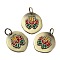Tibetan Style Rack Plating Brass Enamel Pendant, with Jump Ring, Long-Lasting Plated, Flat Round with Lotus, Brushed Antique Bronze, 17x16x1.5mm