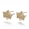 Brass Stud Earring Findings, with Loop, Cubic Zirconia, Nickel Free, Real 18K Gold Plated, Crown, Clear, 8x9mm, Hole: 0.8mm, Pin: 0.8mm