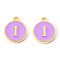Golden Plated Alloy Enamel Charms, Enamelled Sequins, Flat Round with Letter, Medium Purple, Letter.I, 14x12x2mm, Hole: 1.5mm
