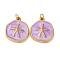304 Stainless Steel Enamel Pendants, Flat Round with Starfish Charm, with Jump Ring, Ion Plating(IP), Real 18K Gold Plated, Medium Purple, 17x14.5x3mm, Hole: 2.5mm