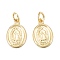 Brass Charms, Long-Lasting Plated, with Jump Ring, Oval with Saint, Real 18K Gold Plated, 12.5x8x1mm, Jump Ring: 4x1mm, 2.5mm Inner Diameter