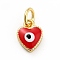 Rack Plating Brass Enamel Charms, with Jump Rings, Cadmium Free & Lead Free, Real 18K Gold Plated, Heart with Evil Eye, Red, 9x7x2.6mm, Hole: 3mm